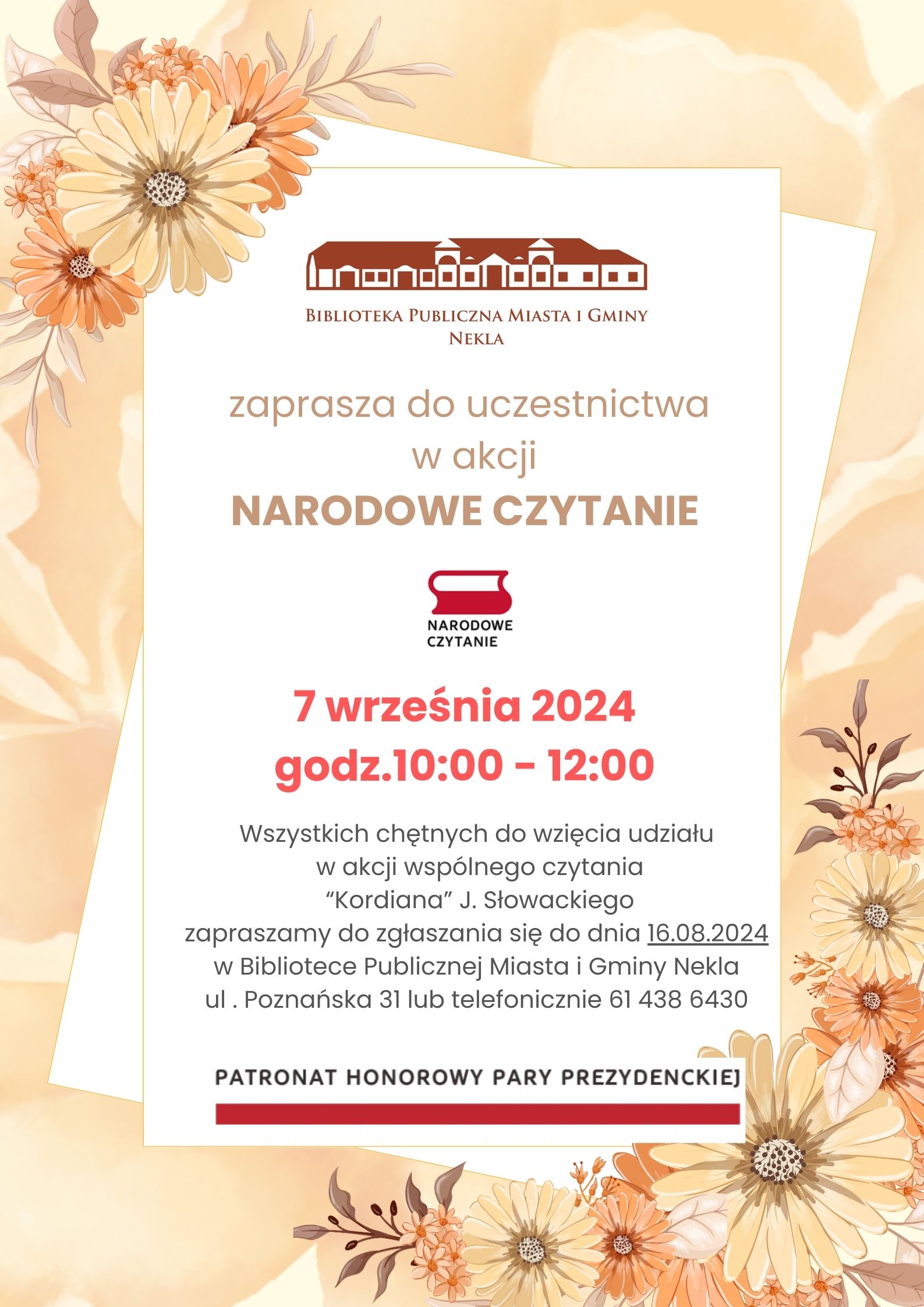 Plakat - Nardowe Czytanie Kordiana Juliusza Słowackiego 7 września 2024 r.